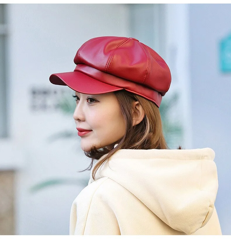 Women PU Peaked Beret Caps Girls Retro Solid Color Octagonal Cap leathe Winter Autumn Painter Hats Classy Faux Leather Beret Hat