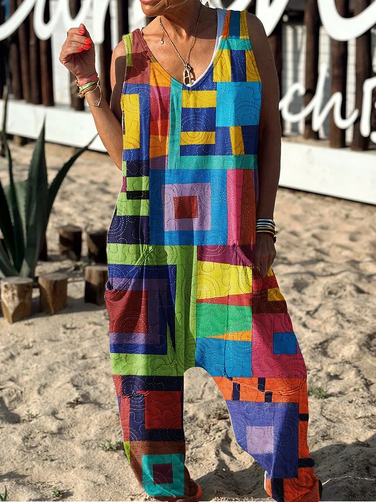 Abstract Pattern Hippie Art Print Casual 100% Cotton Wide Leg Jumpsuit