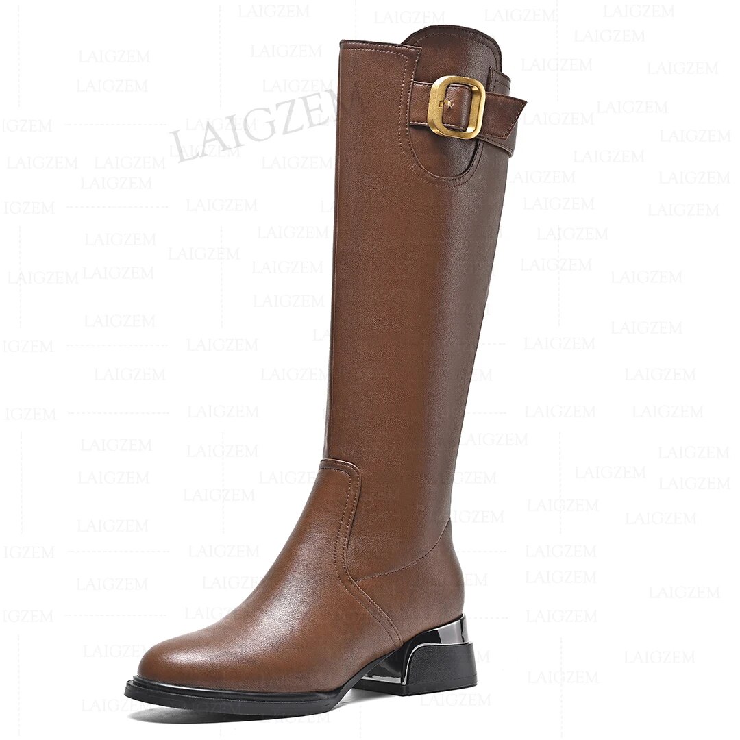 VCSHOES Women Knee High Boots Leather + Synthetic 4.5CM Block Heels Boots Side Zip Shoes Woman Plus Size 33 42 43 46