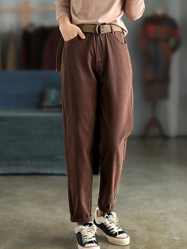 Thicken Velvet Elasticity Solid Color Belted Casual Pants