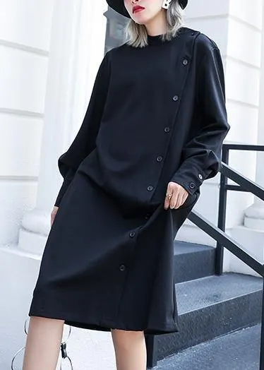black Cotton tunic top stand collar Button cotton fall Dress