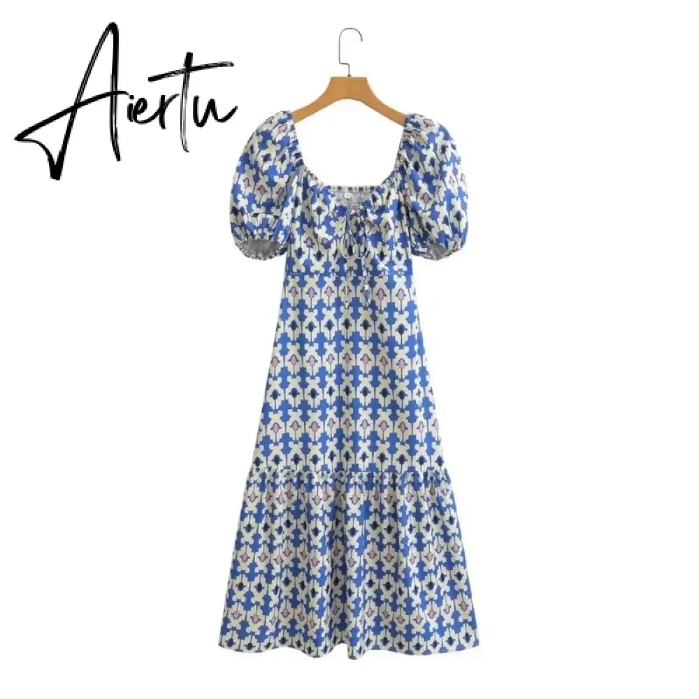 Maxi Summer Dress for Women  Puff Sleeve Floral Boho Long Beach Fashion Vestidos A-line Holiday New In Dress Aiertu