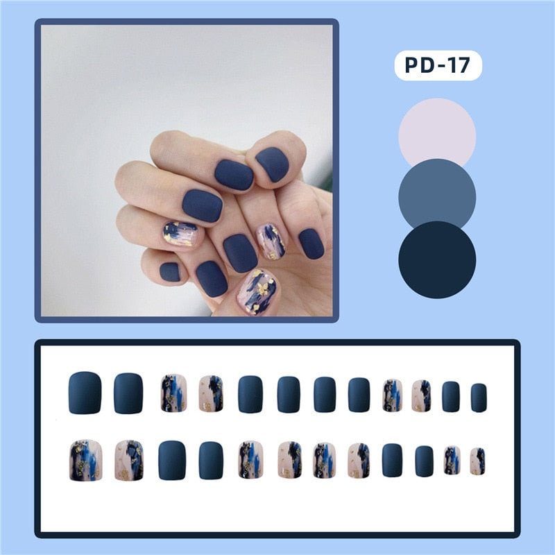 24pcs/box Blue Dye With Sequins Decorated press on nail tips Frosted Square Head Short Wearable Full Cover fake nails with glue