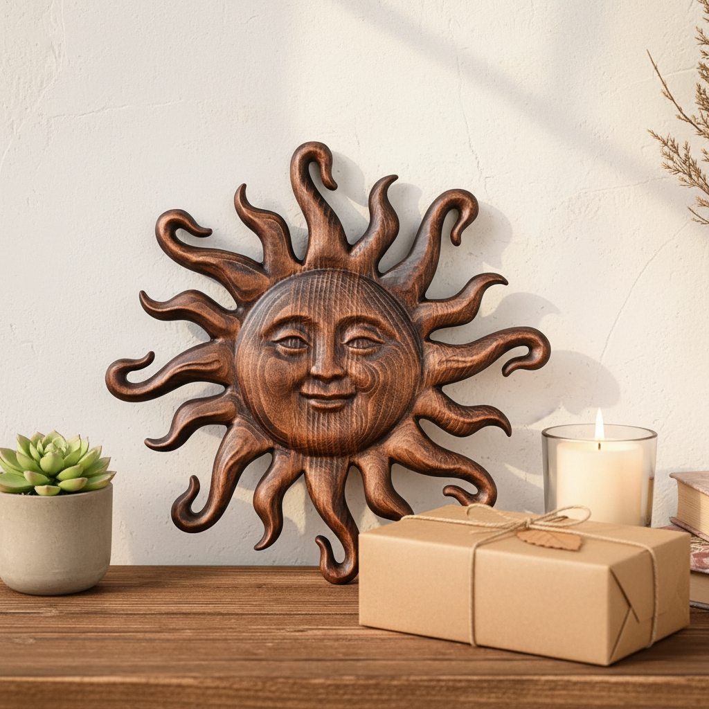 Beech Wood Sun Carving | A 300&times;300&times;25mm Time Niche, Holding Fragments of Life's Gold 