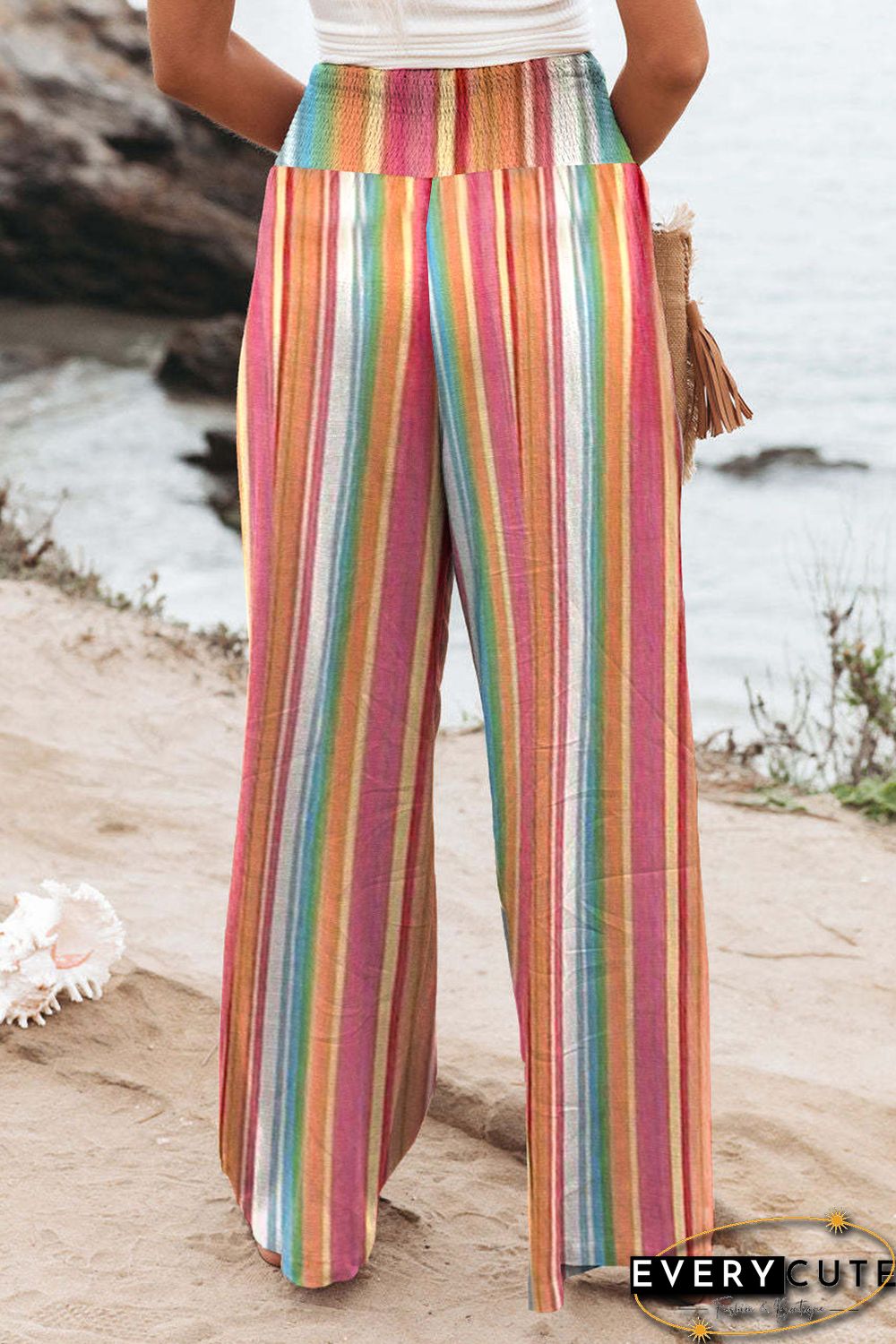 Multicolor Striped Smocked High Waist Wide Leg Pants