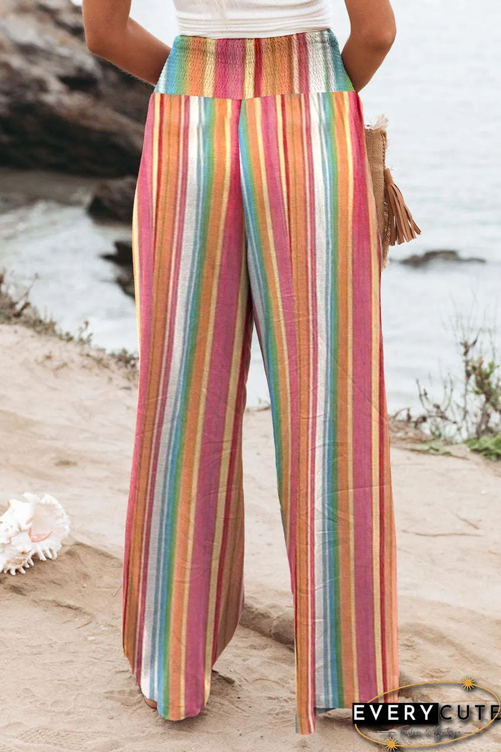 Multicolor Striped Smocked High Waist Wide Leg Pants