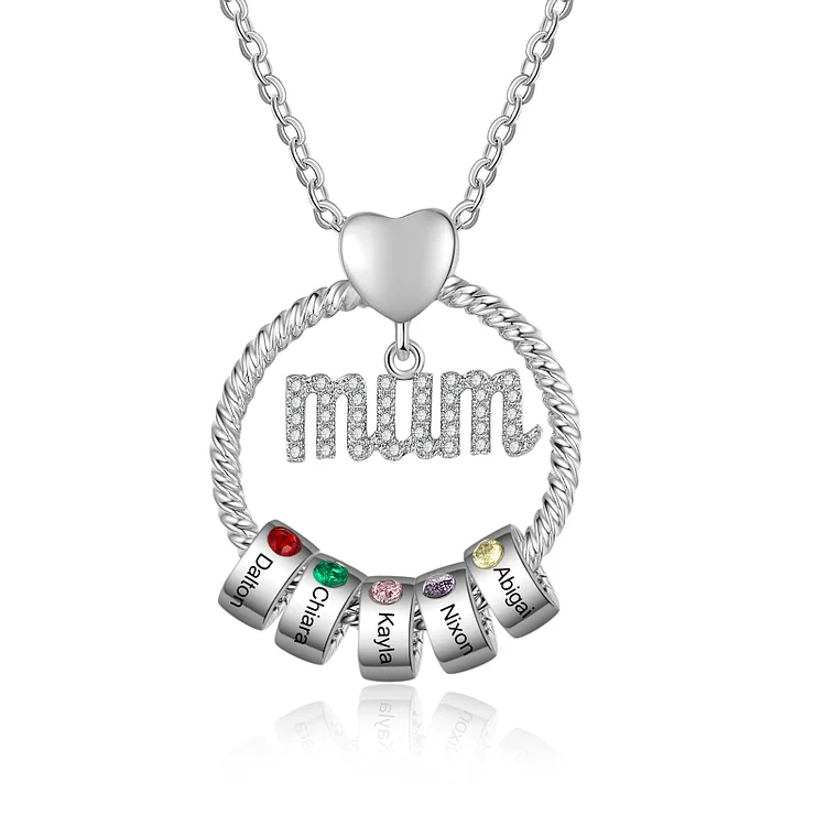 5 Names-Personalized Circle Necklace With 5 Birthstones Pendant Engraved Names Gift For Mum