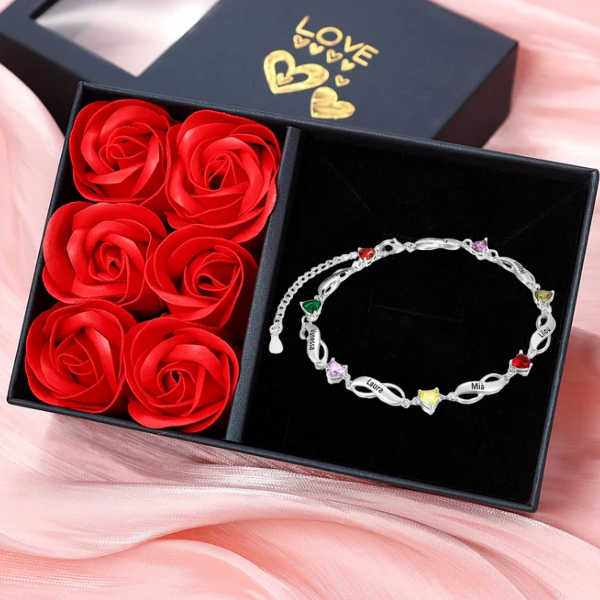 7 Names-Personalized Infinity Bracelet Gift Set With Rose Box-Custom Bracelet With 7 Birthstones Engraved 7 Names Bracelet Gift For Women