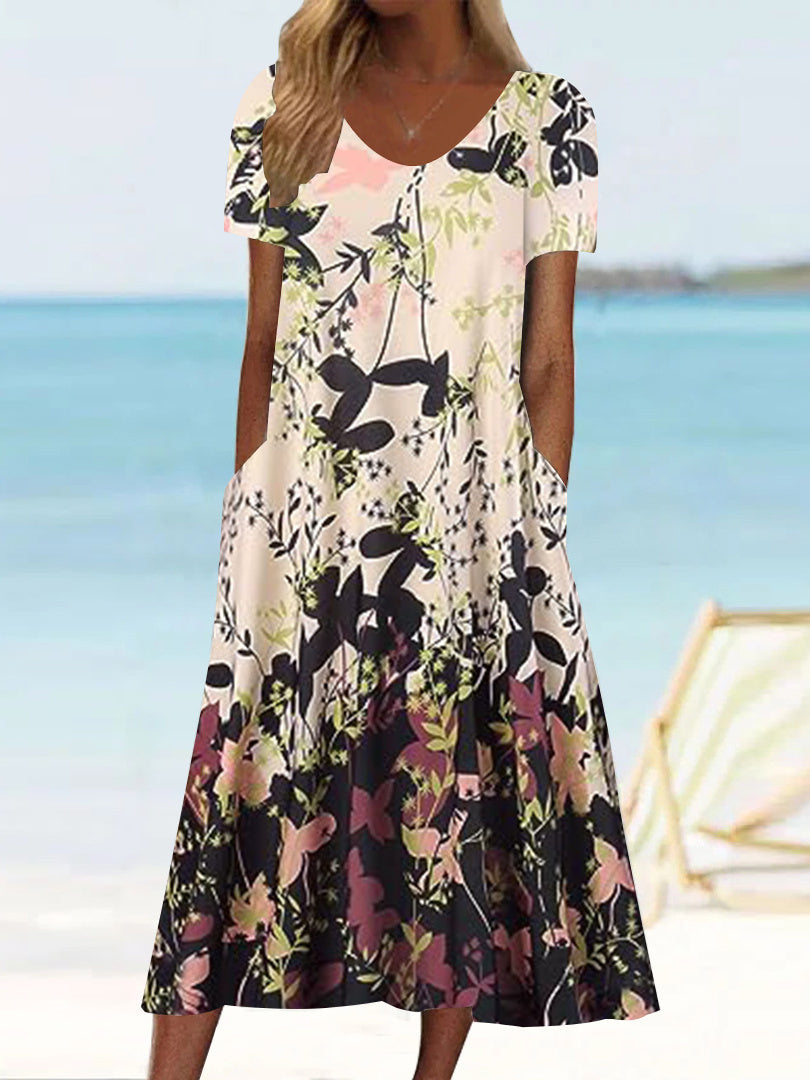 Women's Short Sleeve Scoop Neck Graphic Floral Printed Midi Dress