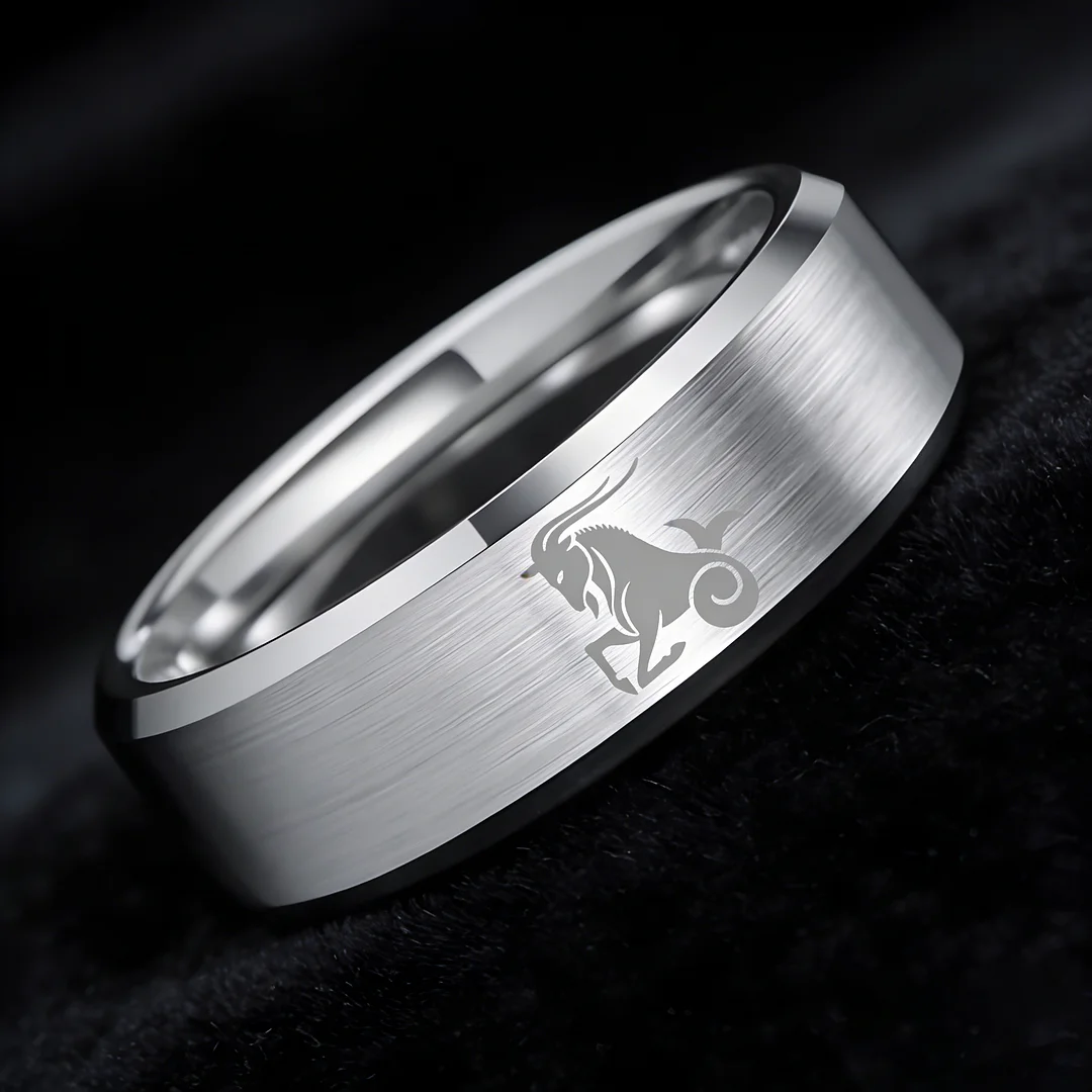 Mens Womens Sliver Capricorn Tungsten Carbide Rings Sliver Edges and Laser Etched Wedding Bands Comfort Fit 4MM 6MM 8MM Width