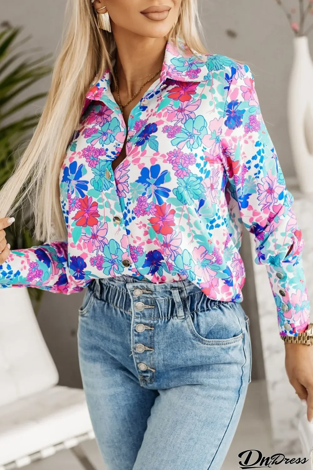 Flower Print Button-up Slim-fit Long Sleeve Shirt