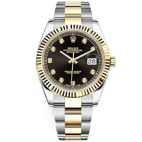 Rolex Oyster Perpetual Datejust 41 Watch, Black dial set with diamonds, Two-tone Oyster bracelet,