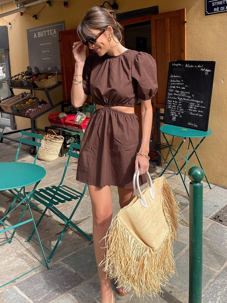 Huibahe Bohemian Hollow Out Sexy Dress Woman Brown Chic Female Mini Summer Dresses Beach Wear Short Sleeve Backless Vacation