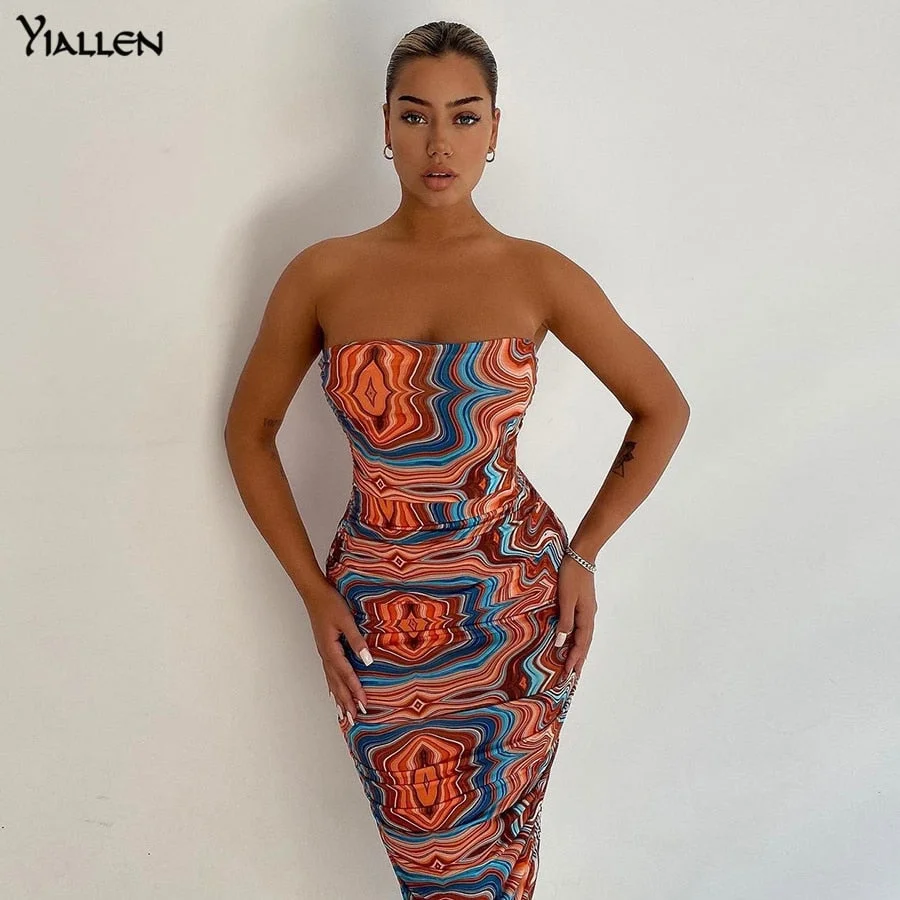 Yiallen Colorful Print Sexy Strapless Dress Women Sleeveless Skinny Stretchy Stack Trend Vacation Beach Dress Slim Outfit Hot