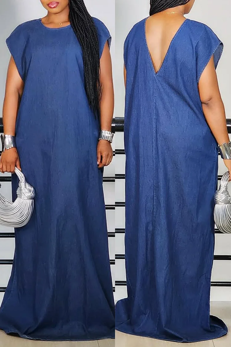 Plus Size Daily Blue Round Neck Pocket Tencel Denim Maxi Dresses [Pre-Order] 2024 - Xpluswear