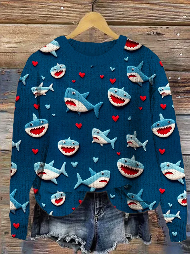 VChics Valentine Gift Love Heart Shark Art Print Cozy Knit Sweater