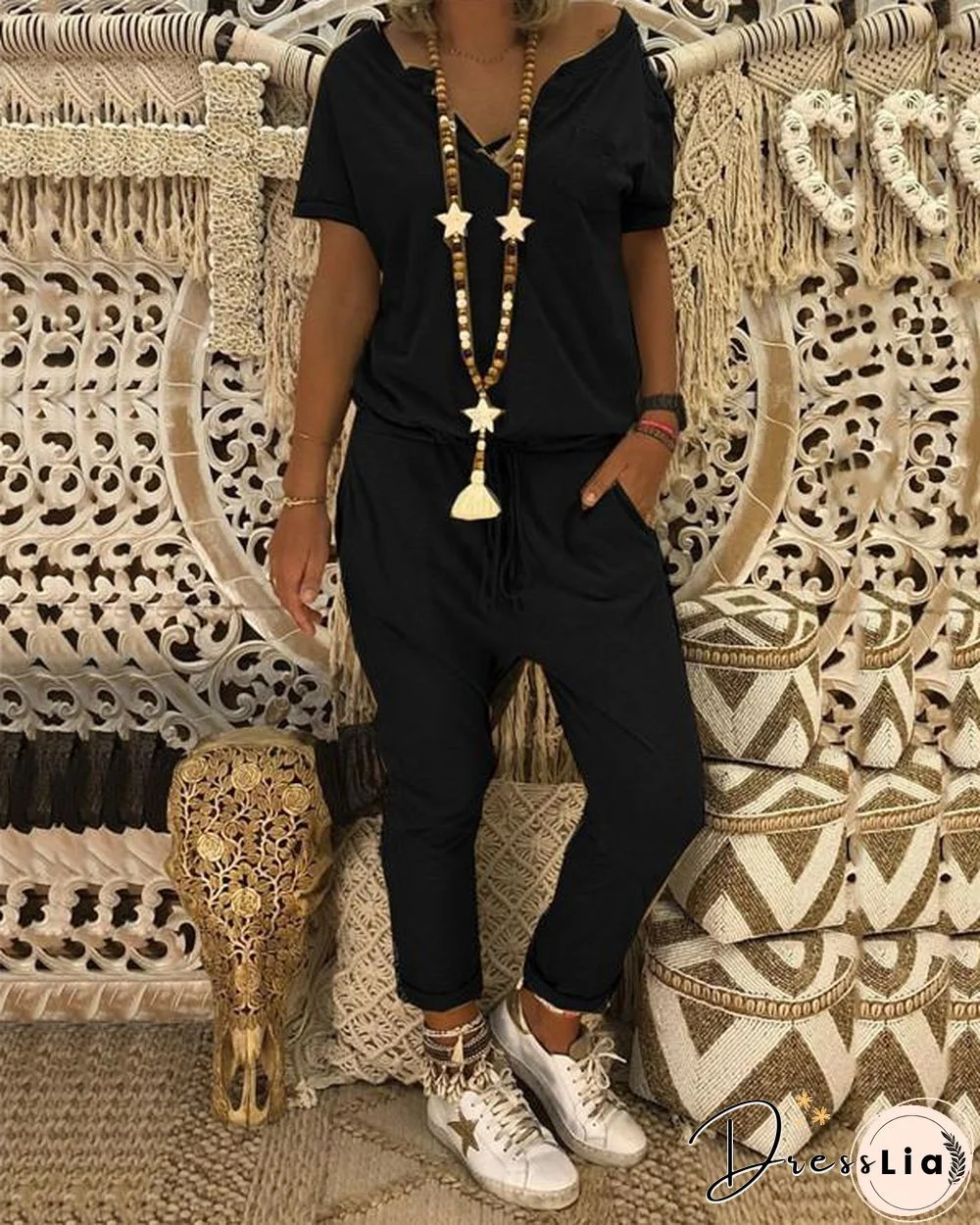 Cotton-blend Casual Crew Neck Solid Plus Size Jumpsuit