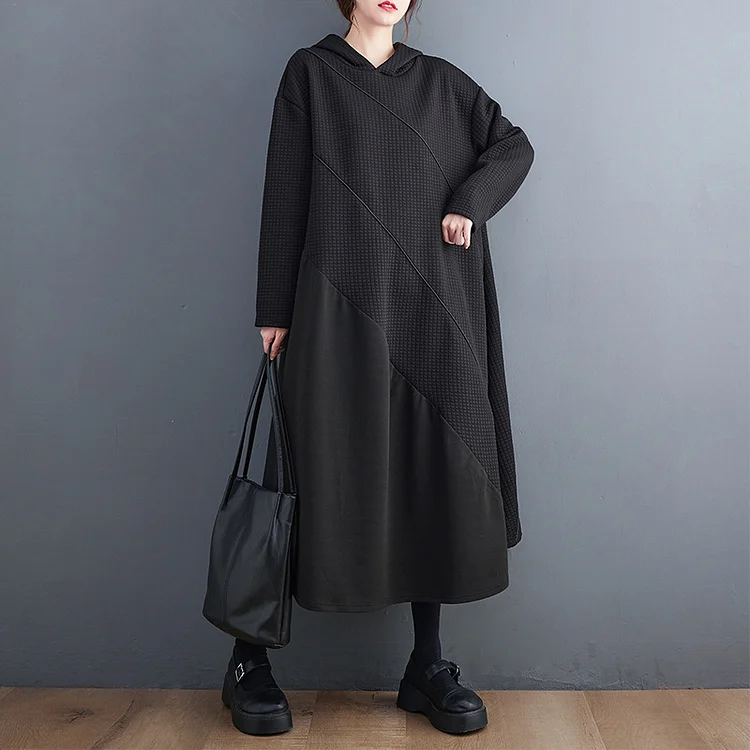 Loose Black Splicing Hooded Midi Dress