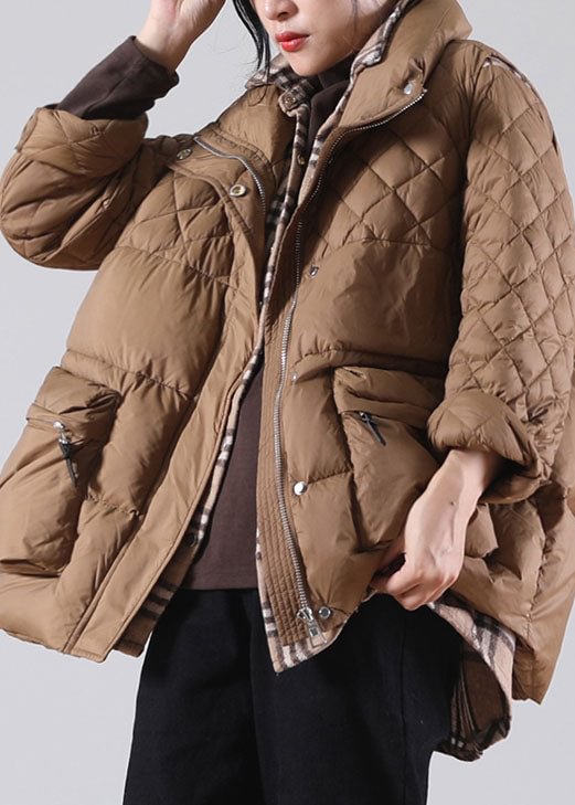 Plus Size Brown Zip Up Pockets Duck Down Winter Coats CK3066- Fabulory