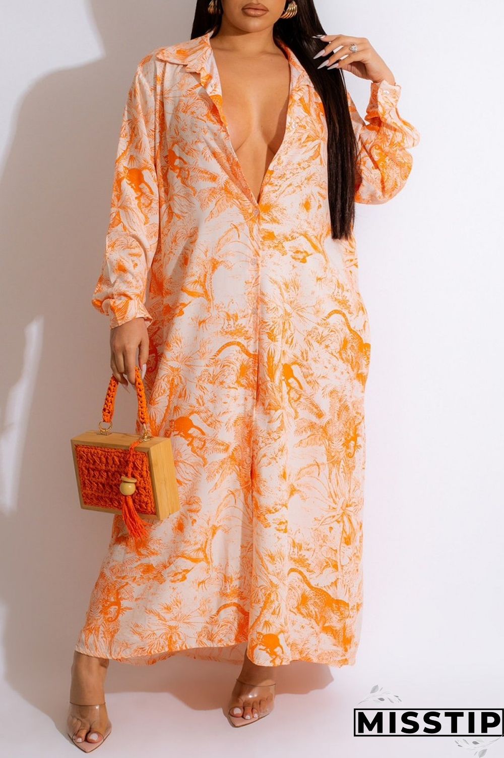 Orange Casual Print Patchwork Shirt Collar Long Sleeve Dresses