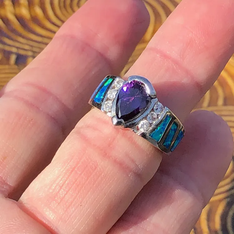 Opal, Amethyst and Cubic Zirconia Ring in Sterling Silver Size 5.5