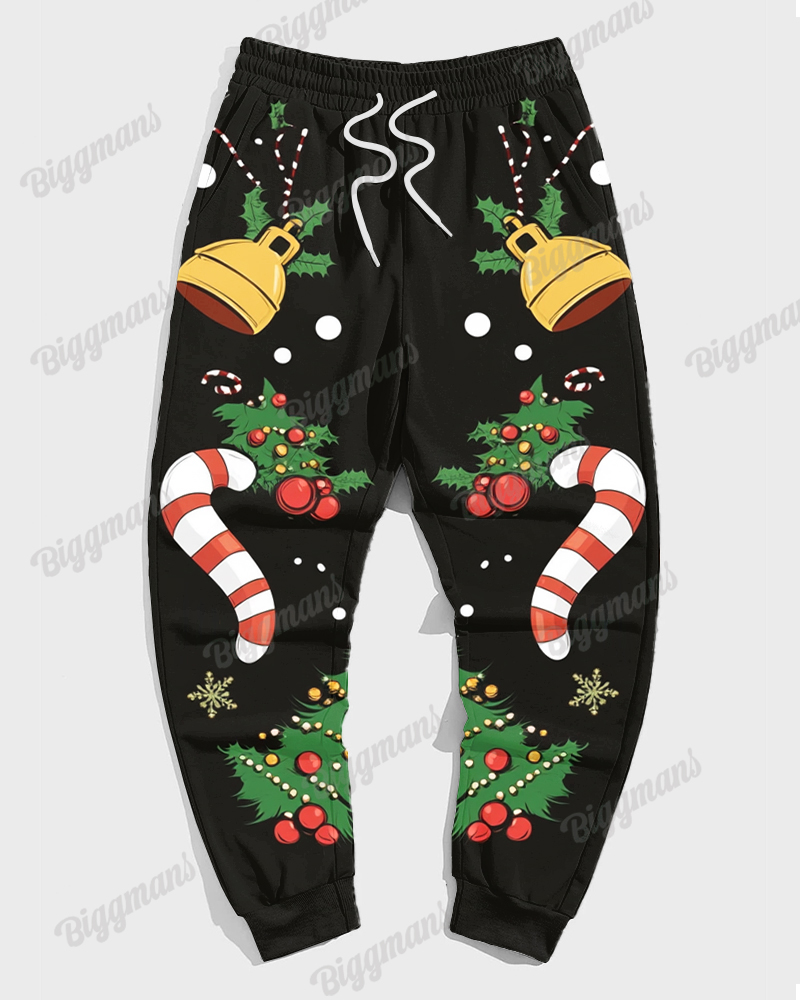 Men’s Christmas Black Gingerbread Man Tie Print Big & Tall Hoodie Set