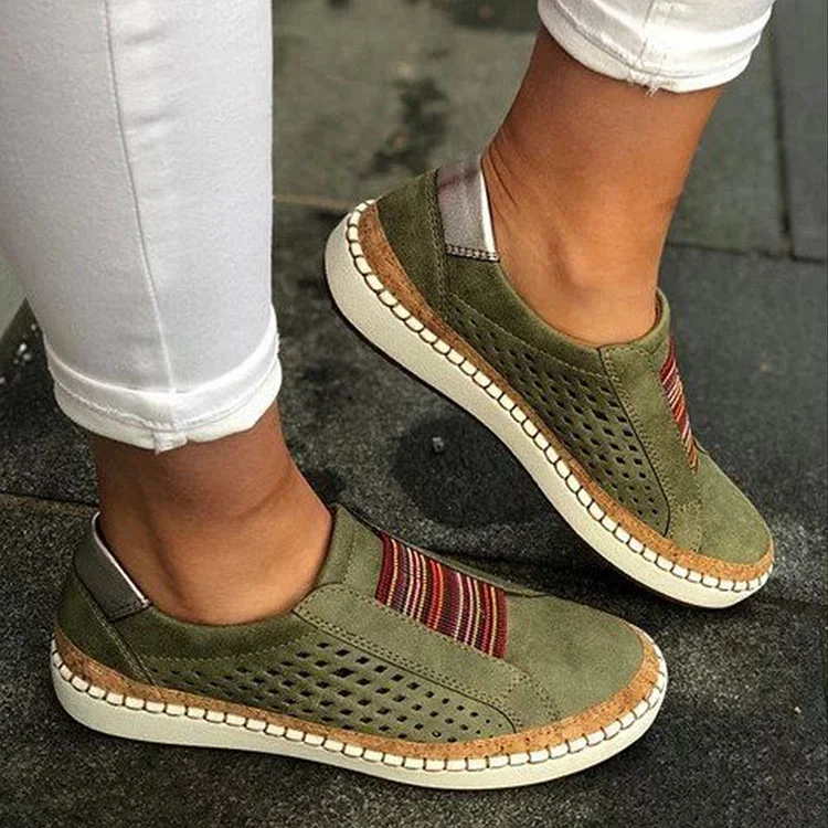 Women's Casual Hollow Color Contrast Stripe Flat Casual Shoes