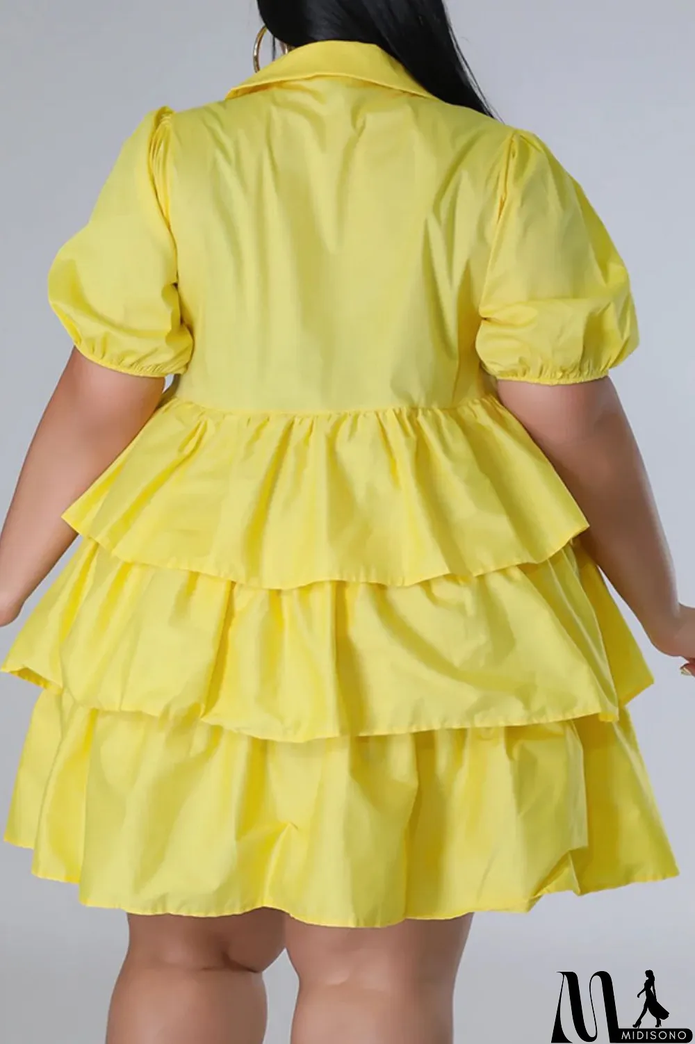 MidiSono - Light Blue Casual Solid Patchwork Turndown Collar Cake Skirt Plus Size Dresses