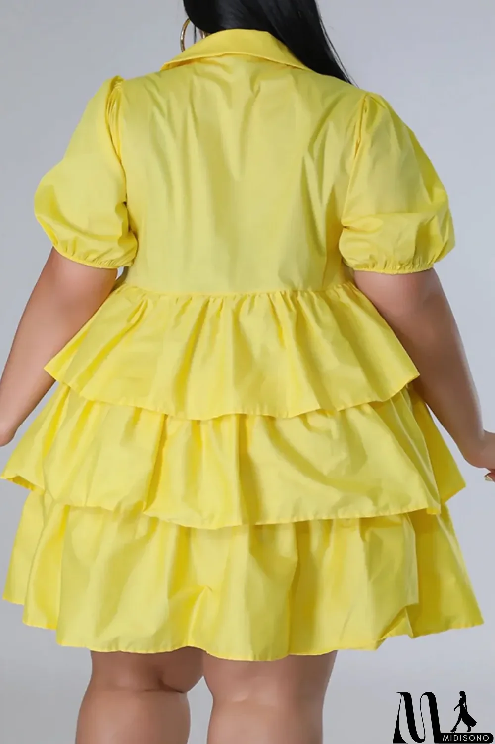 MidiSono - Light Blue Casual Solid Patchwork Turndown Collar Cake Skirt Plus Size Dresses