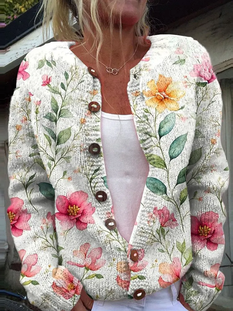 Floral Print Casual Knitted Cardigan