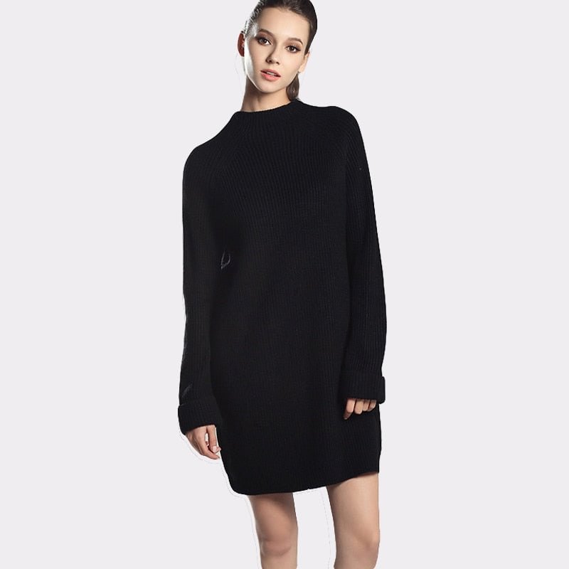 Autumn Winter Solid Knitted Cotton Sweater Dresses Women Fashion Loose O-neck Pullover Female Knitted Dress Vestidos Feminino