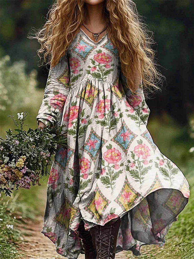 Women's Floral Art Print Casual V-Neck Pocket Cotton Dress