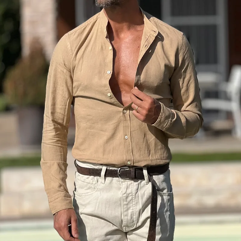 Vintage Cotton Single-Breasted Stand-Collar Khaki Shirt