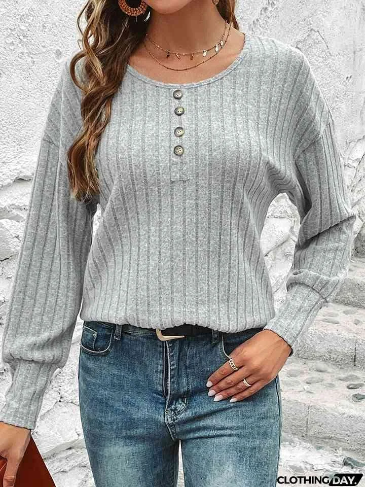 Decorative Button Round Neck Top