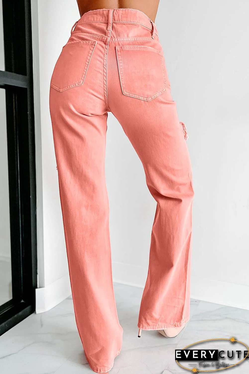 Pink High Waist Ripped Straight Leg Pocket Jeans