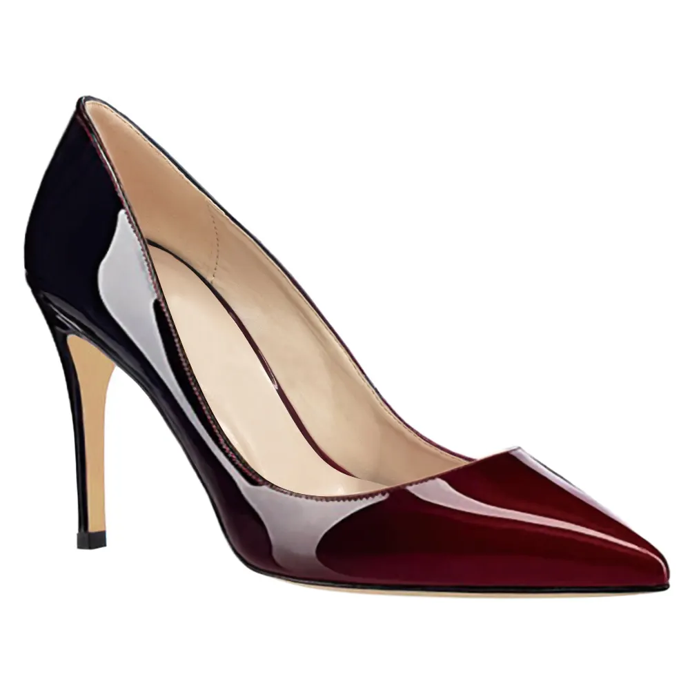 90mm Middle Heels Pointy Toe Pumps Black Wine Gradient Color Patent-vocosishoes