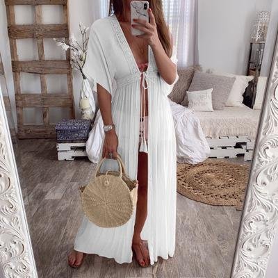 Summer Lace Cardigan Solid Color Holiday Style Dress Long Skirt - VSMEE