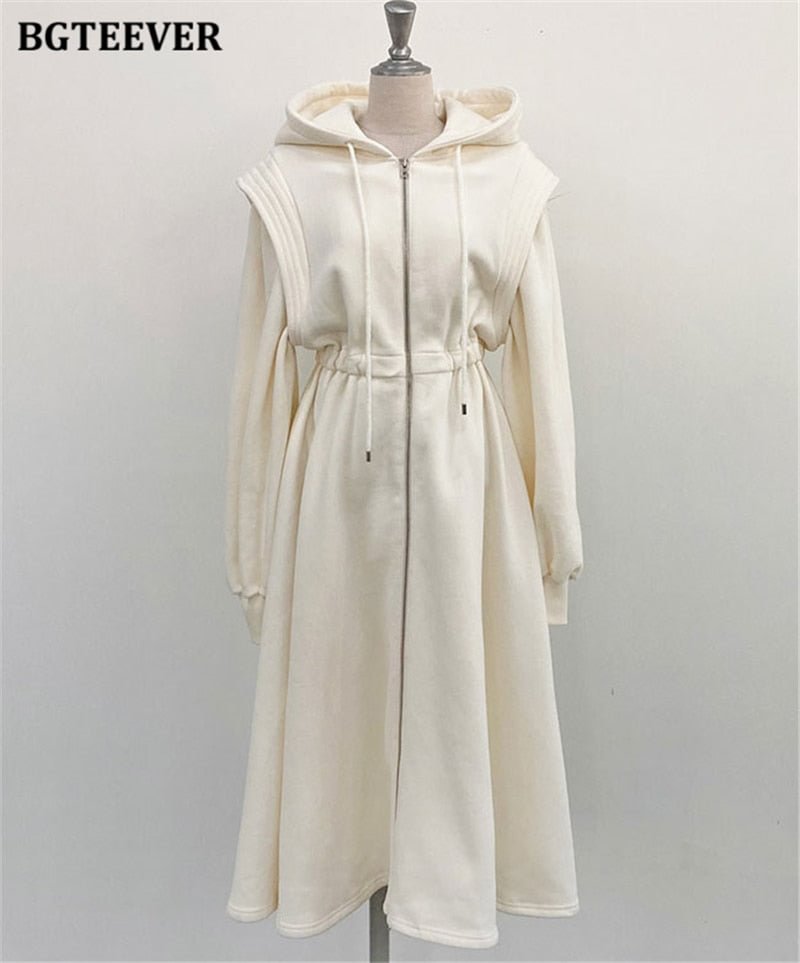 BGTEEVER Chic Zippers Women Hooded Sweatshirt Midi Dress Casual Elastic Waist Long Sleeve Female A-line Dress 2021 Spring