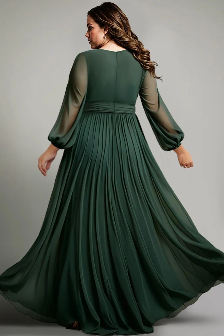 Flycurvy Plus Size Mother Of The Bride Dark Green Chiffon Wrap Lantern Sleeve Split Maxi Dress