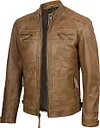 🛒Jaquetas masculinas de couro leg&iacute;timo de cordeiro da fjackets - jaqueta de couro acolchoada estilo motociclista (Cafe Racer), com z&iacute;per.