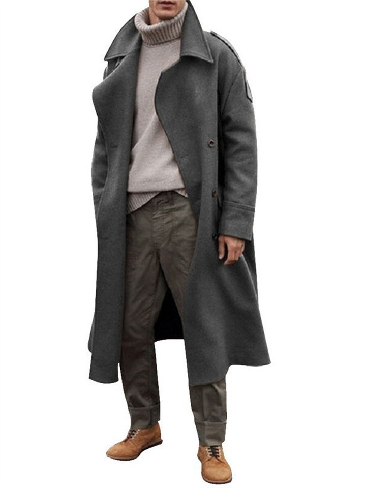 Casual Loose Men's Solid Color Single-breasted Lapel Extended Section Trench Coat Men's Coat Over The Knee Windbreaker