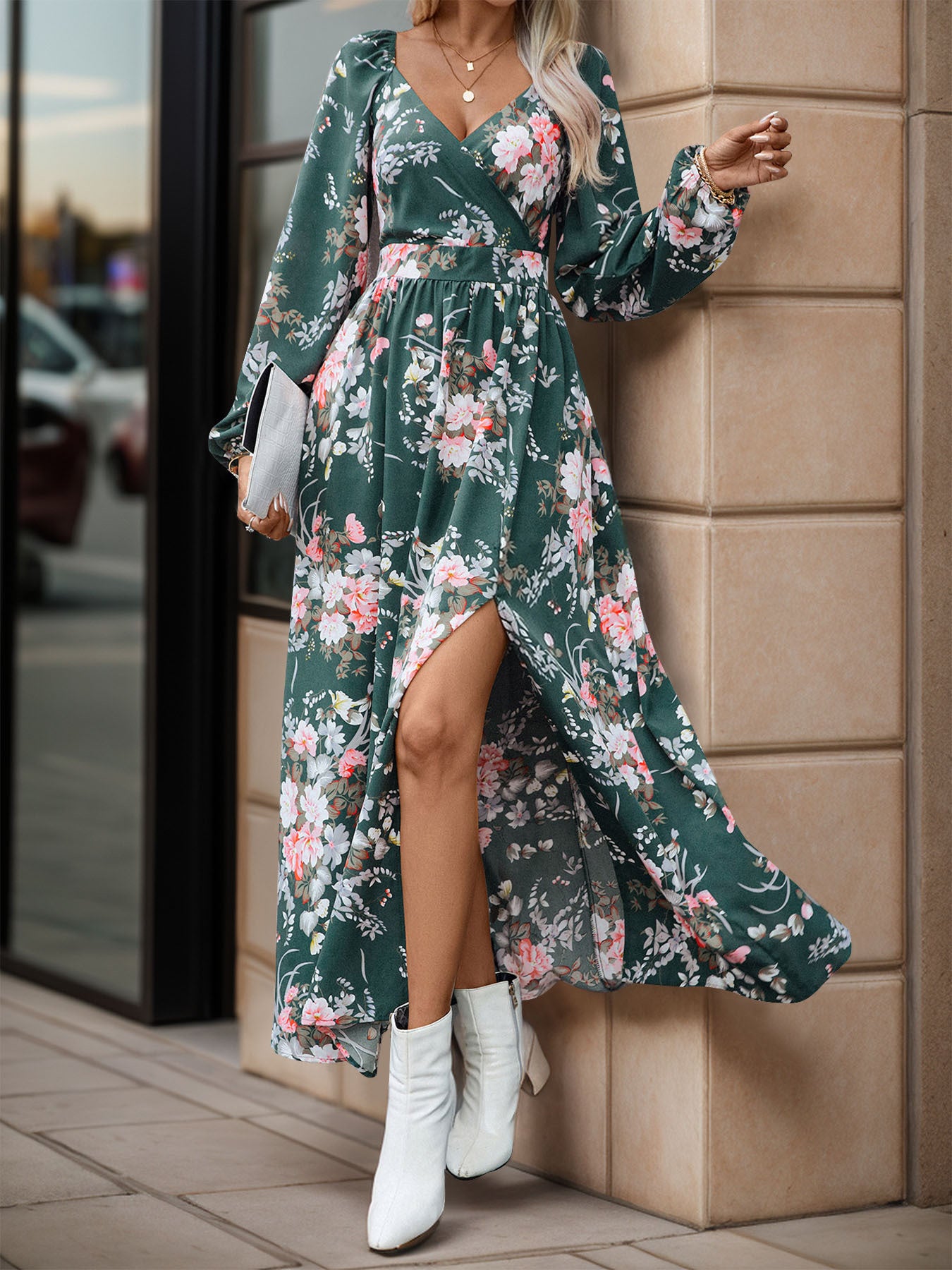 Women's Long Sleeve V-neck Floral Printed Slit Midi Dress
