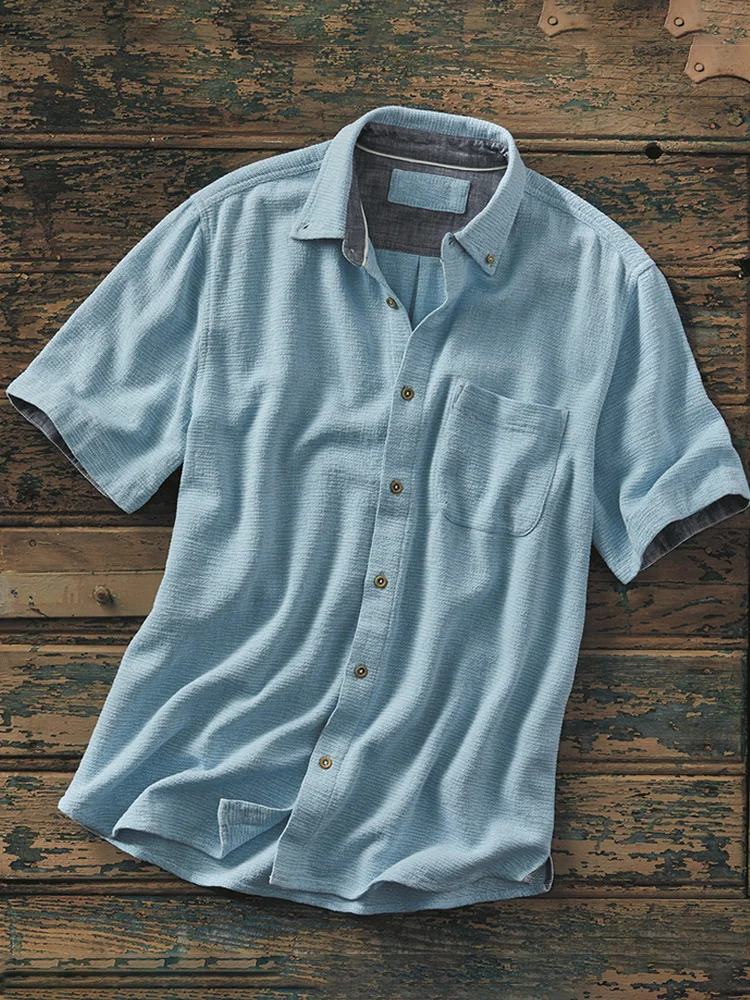 Men's Casual Blue Cotton Short Sleeved Shirt