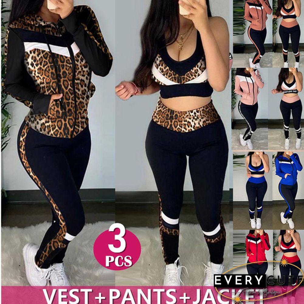 Women Fashion Sports Suits Running Wear Gym Clothes Vest Top / Pants/ Coat 3pcs Set