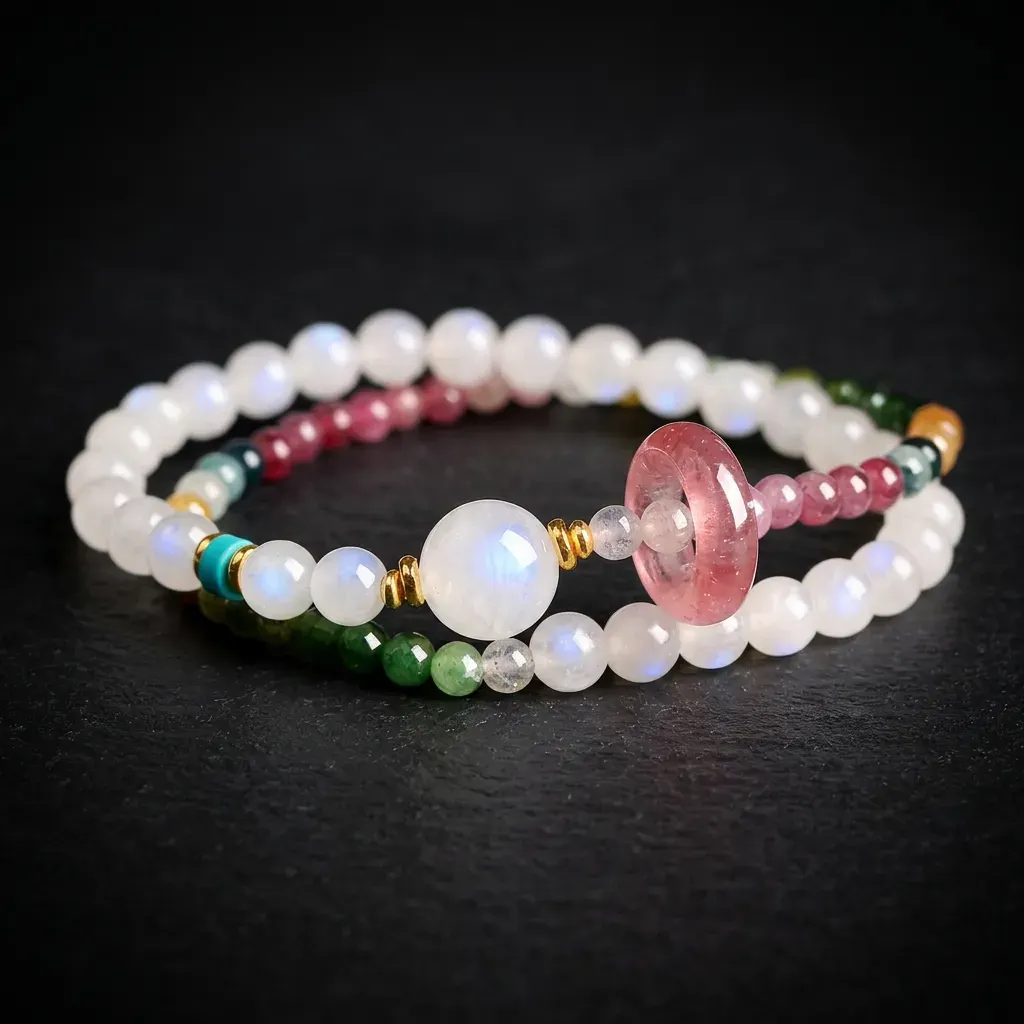 JiStones | Ethereal Glow: Moonstone & Candy Tourmaline Double-Layer Bracelet Celestial Moonstone & Candy Tourmaline - Double Layer Peace Buckle
