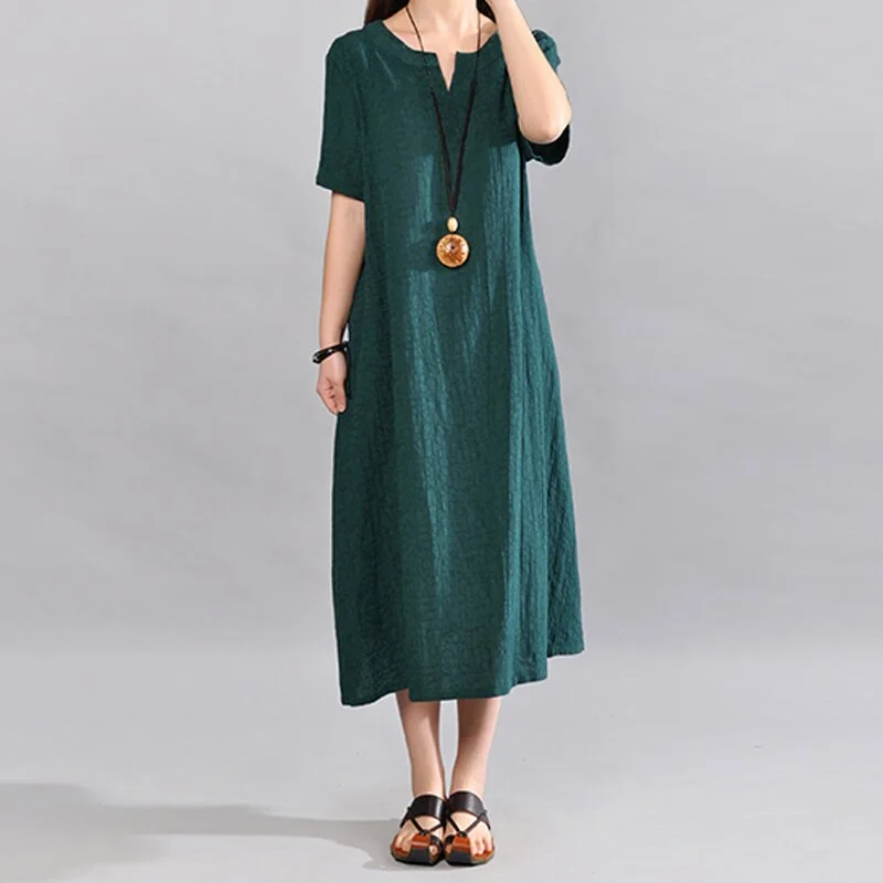 Celmia Women Vintage Linen Dress 2022 Summer V Neck Short Sleeve Solid Pockets Casual Loose Midi Dresses Oversized Vestidos