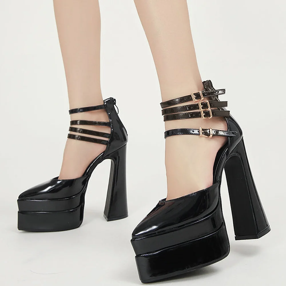 Black Leather Pointed Toe Chunky Heel Ankle Strap Platform Pumps Nicepairs