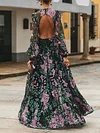 Sexy Backless Floral Printed Long Sleeves Maxi Dresses