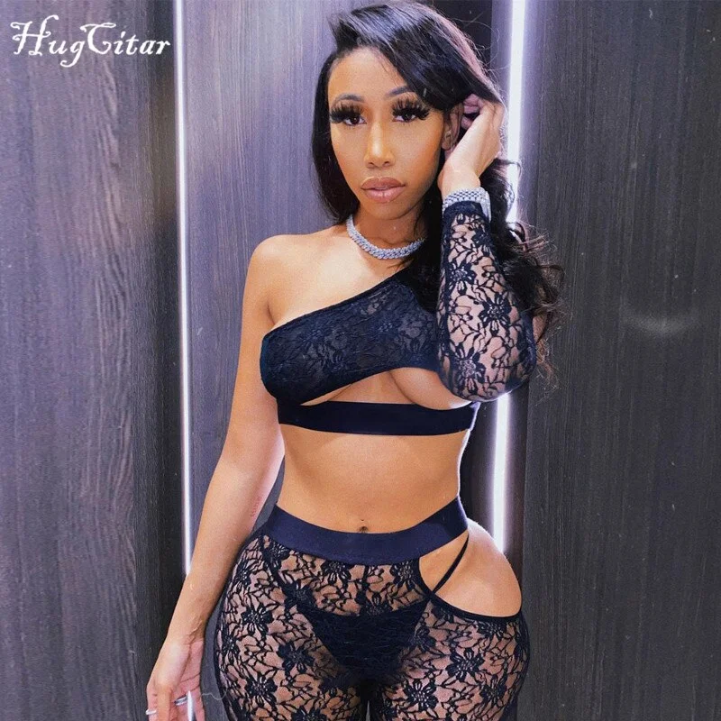 Hugcitar 2020 Long Sleeve One -Shoulder Patchwork Lace Tshirt Leggings 2 Pieces Set Autumn Winter Women Sexy Party Tracksuit