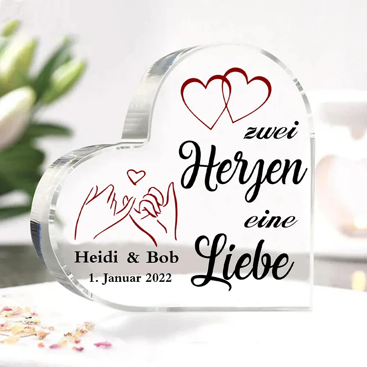 Kettenmachen Personalisierte Text & Datum Acryl-Deko-Zwei Herzen eine Liebe-Schreibtischdekoration für Paar